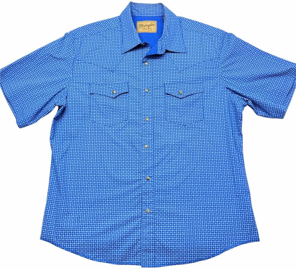 Wrangler Retro Men’s XL Blue Geometric Pearl Snap Western Shirt Short Sleeve